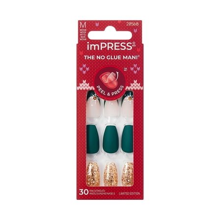 KISS imPRESS Holiday Press On Nails, ‘The Gift’, Green, Medium Coffin, 30 Count