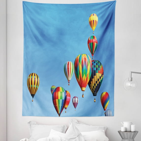 Balloons Tapestry, Hot Air Vacation Holiday Destination Floating in the Sky Nature Illustration, Fabric Wall Hanging Decor for Bedroom Living Room Dorm, 5 Sizes, Multicolor, by Ambesonne