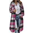 thumbnail image 2 of SwiftWear Women's Plaid Flannel Shirt Jacket Hooded Long Line Coat Casual Oversized Button Down Shacket​​, Hot Pink, 2 of 7