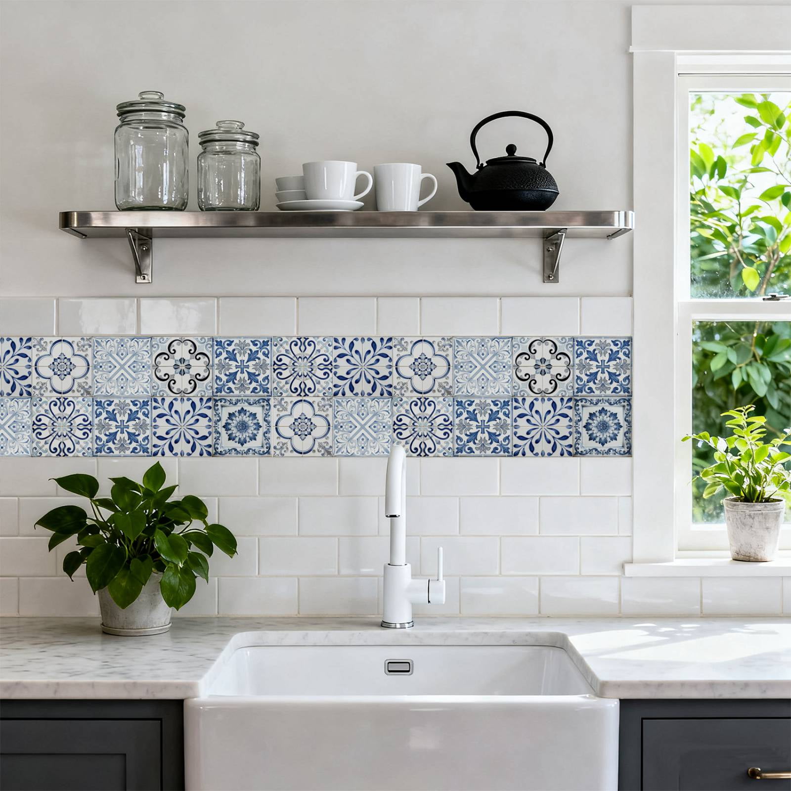 24PCS Mediterranean Style Peel and Stick Wall Tile Decals - 6"x6" Vintage Waterproof Vinyl Moroccan Bohemian Stickers for Kitchen Backsplash, Bathroom, Stair Riser Decor