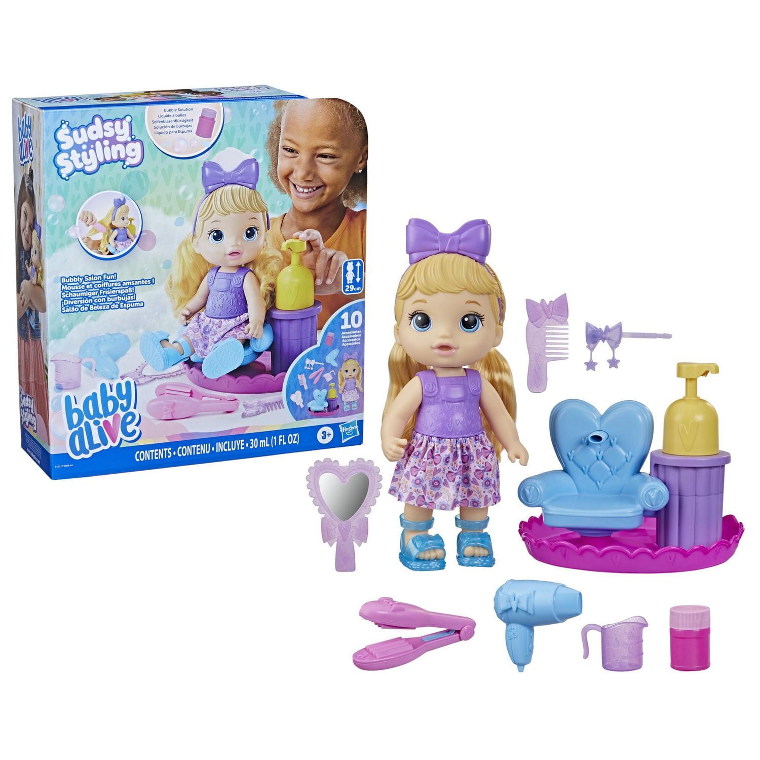 Baby Alive Sudsy Styling, poupée de 30 cm, dès 3 ans, accessoires de salon de coiffure pour poupée, liquide à bulles, cheveux blonds À partir de 3 ans