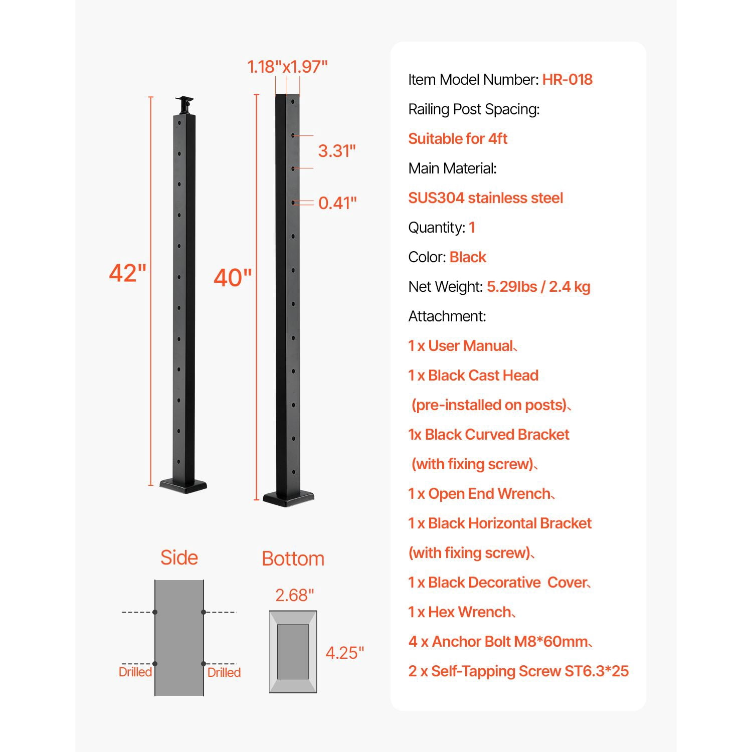 Horizontal Hole Cable Railing Post 42" / 36", SUS304 Stainless Steel, 3" Hole Spacing, Pre-Drilled, for Deck Stairs Balcony Railing