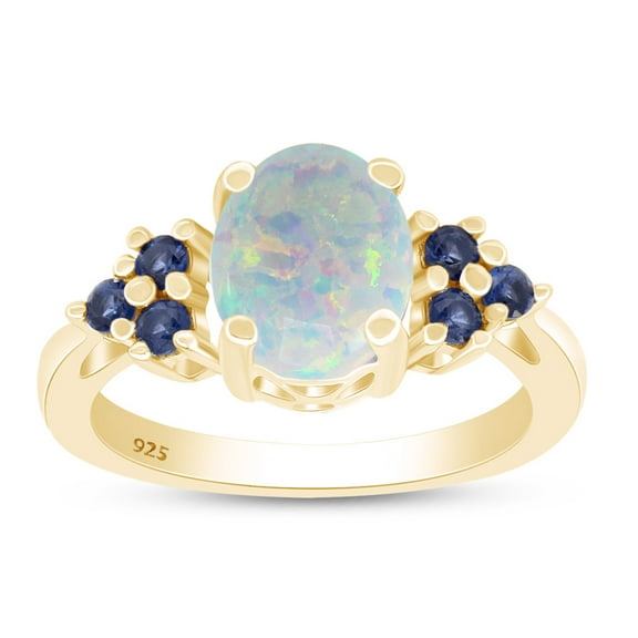 White Opal & Blue Sapphire In 14k Yellow Gold Over Sterling Silver Oval & Round Cut Ring Jewelry For Womens Ring Size-6