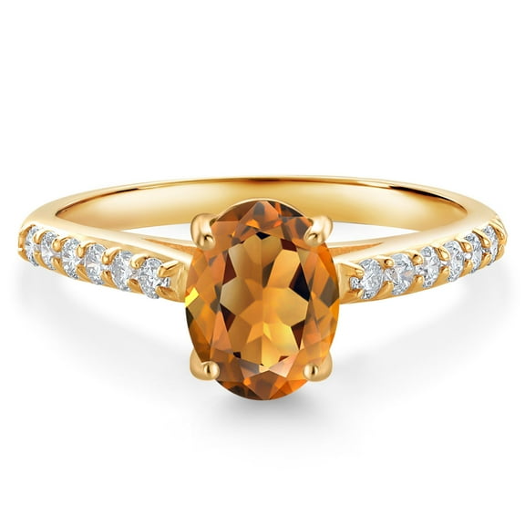 Gem Stone King 10K Yellow Gold Orange Red Madeira Citrine and White Lab Grown Diamond Engagement Ring for Women (1.28 Cttw, Oval 8X6MM, Gemstone Birthstone, Size 5)