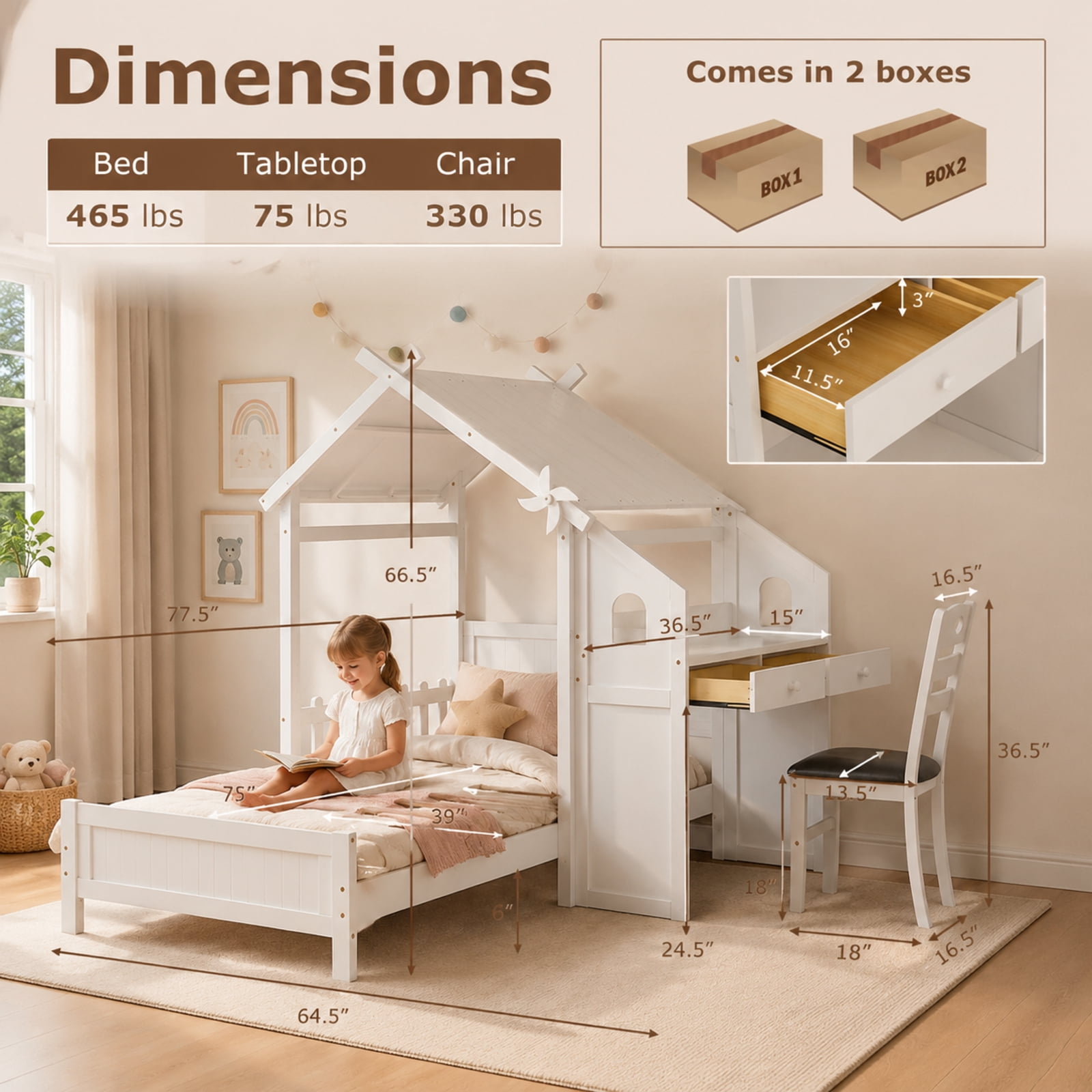 Furnibear White Twin House Bed with Built in Desk 2 Storage Drawers Ergonomic Study Chair Decorative Windmill High Headboard and Protective Fence for Nursery Bedroom