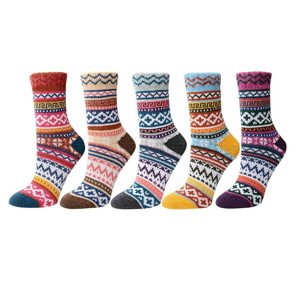 Breezora Chaussettes Thermiques Confortables pour Femmes, Chaussettes d'Hiver Douces et Chaudes, Lot de Cinq avec Motif Rétro pour Intérieur Extérieur et Temps Froid, Confort 5 Paires