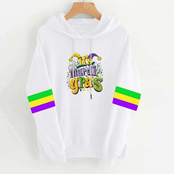 Uootdi Mardi Gras Womens Drawstring Hoodies for Women Carnival Crewneck Heart Print Hooded Long Sleeve Pullover Festive Color Block Loose Sweatshirts Gift