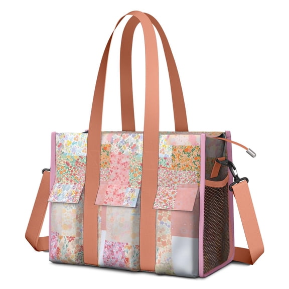 Teacher Tote Bag,Pioneer Flower Floral Print Pattern Teacher Utility Tote Bag,Large Work Tote Bags for Women with Multiple Pockets,Top Zipper Closure,13.8x10.6x6.7 Inch