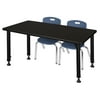 Kee 48" x 24" Height Adjustable Classroom Table - Mocha Walnut & 2 Andy 12-in Stack Chairs- Navy Blue