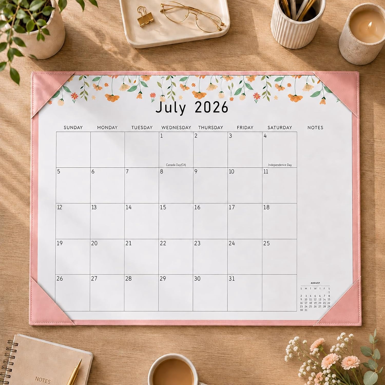Desk Calendar 2026-2027 with Desktop Mat, Large 22" x 17" Desk Pad Calendar, 18-Month Calendar Use Now Through Jun 2027, Office Supplies for Home School Office, Pink with 6 Stickers