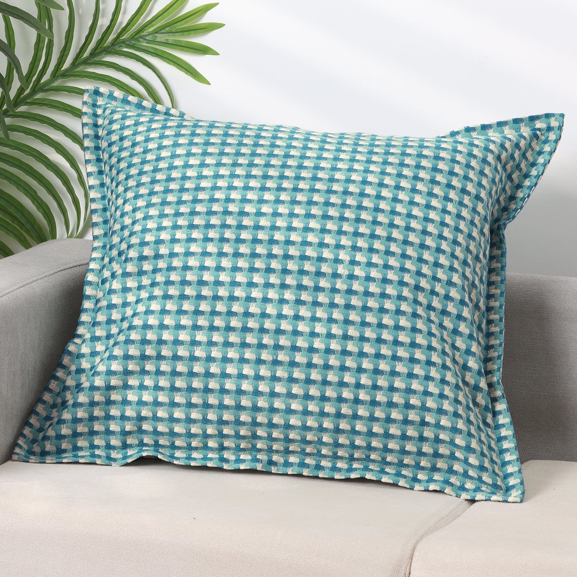 Unique Bargains 2 Pcs Plaid Pillow Covers Square Cushion Covers Decorative Pillow Cases Blue Grid 18" x 18"/12" x 20"