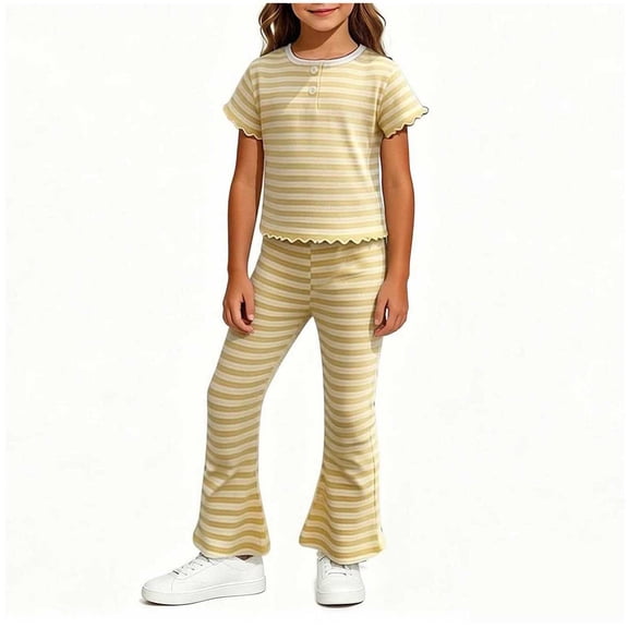 Zpanxa Girls Outfits Girls Striped Short Sleeve Tee and Flare Pants Set Ruffle Hem 2 Piece Casual Outfit