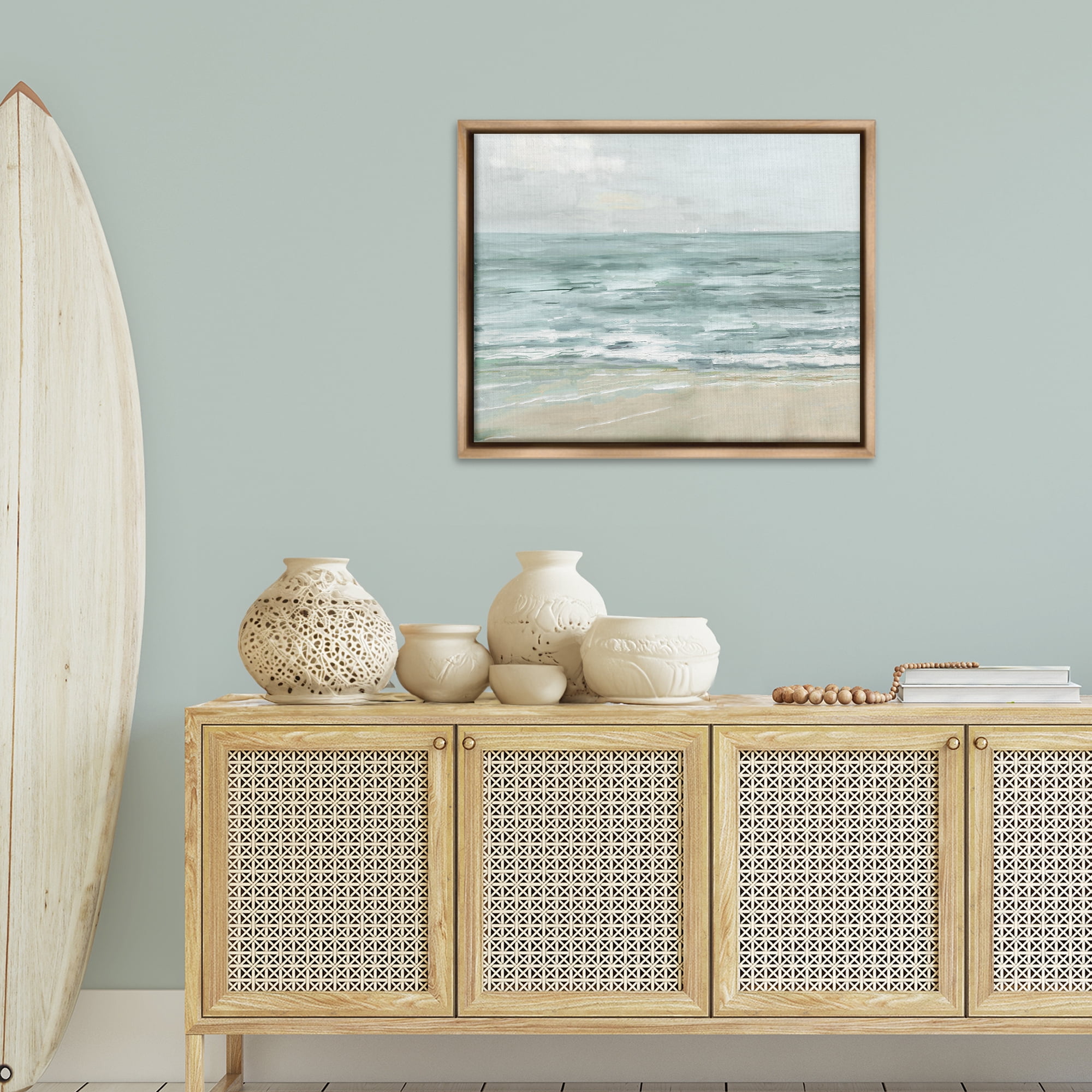 Stupell Industries Brushed Beach Waves Landscape Painting Brown Floater Framed Canvas Art Print Wall Art, 31 x 25