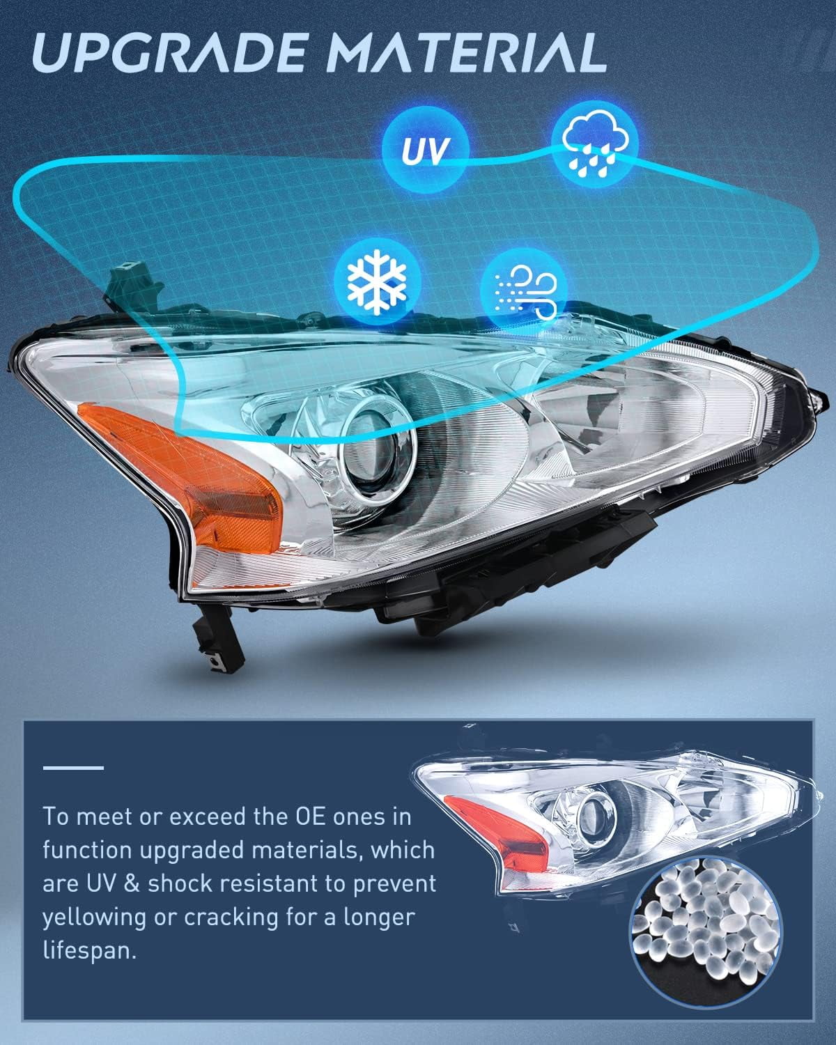 Headlight Assembly for 2013-2015 Altima 4 Door Sedan Projector Chrome Housing Halogen Replacement Headlights Assembly Pair Amber Reflector Driver and Passenger Side