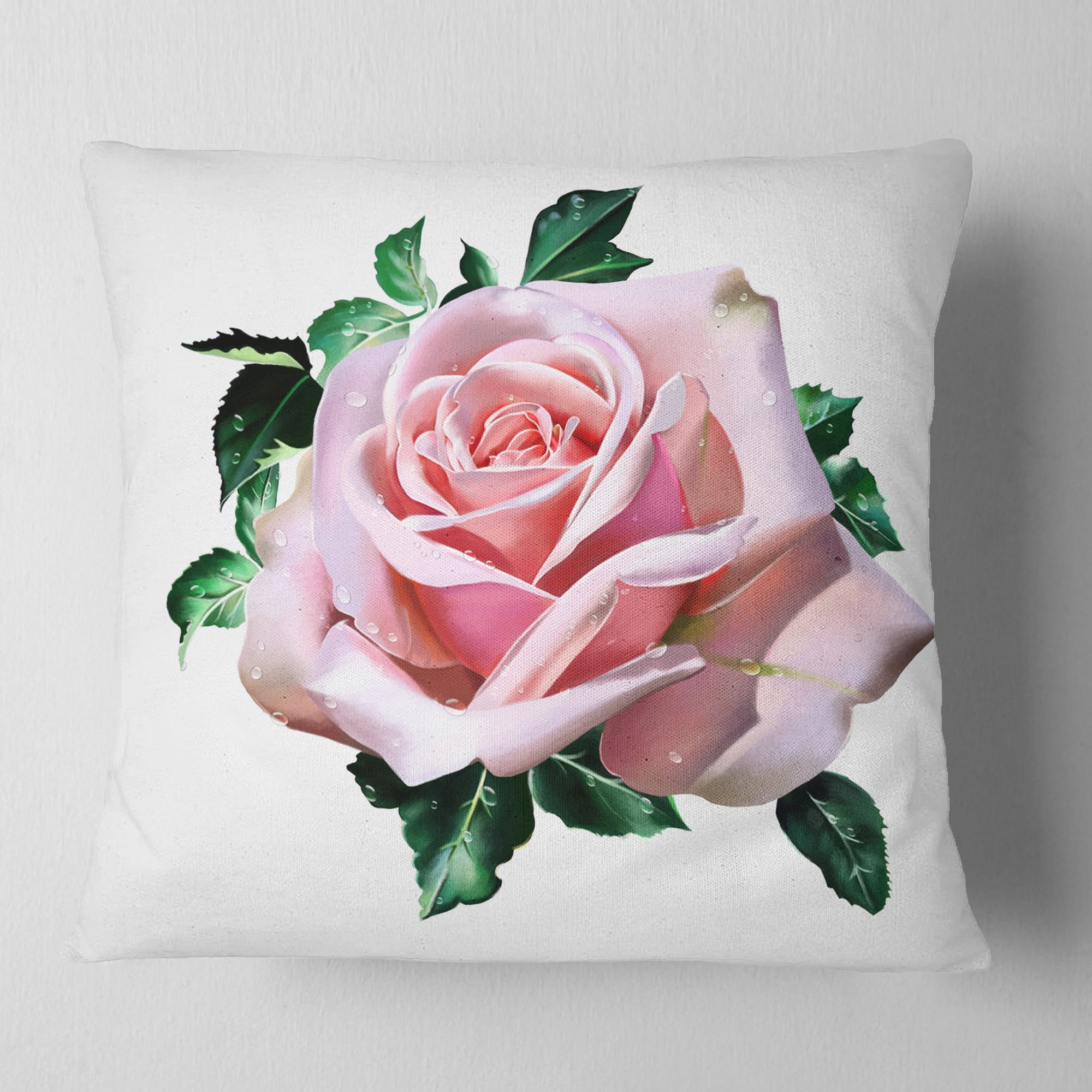 Designart Watercolor Rose with Green Leaves - Floral Throw Pillow - 16x16