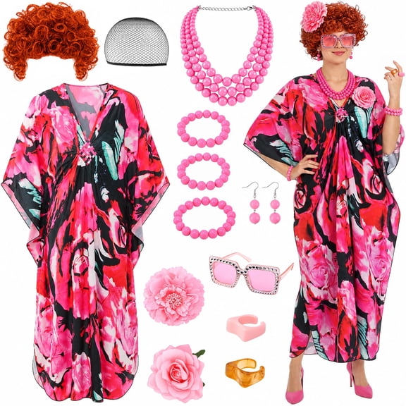 EBaokuup Women's Halloween Landlady Costume Set, Printed Caftan Dress with Curly Wig, Jewelry and Sunglasses