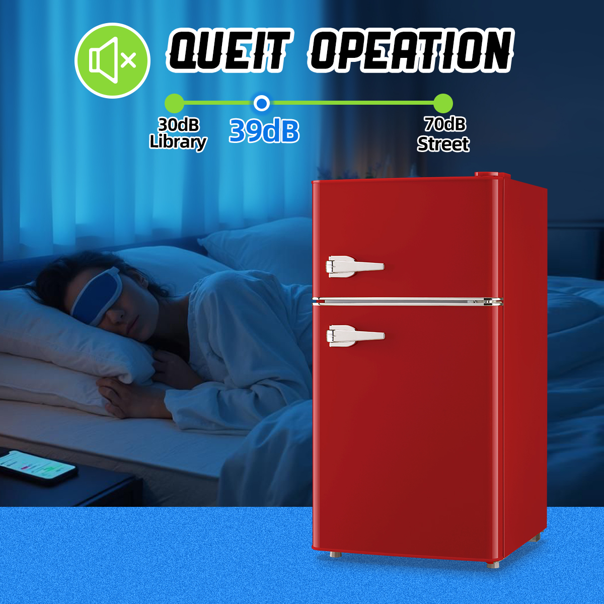 TACOOL Small Retro Mini Fridge with Top Freezer 100 Liter Dual Door Compact Refrigerator with Adjustable Thermostat LED Light, Low Noise for Dorm Red
