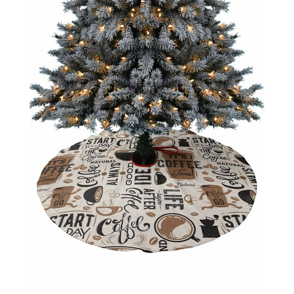 Coffee Theme Christmas Tree Skirt 48 Inches Large Christmas Skirt Tree, Coffee Time Retro Brown Beige Tree Skirt Christmas Decorations for Fireplace Party Holidays Indoor Outdoor