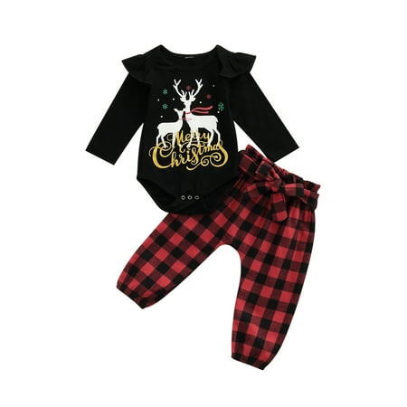 

Diconna 2Pcs Newborn Baby Girls Sweet Christmas Clothes Set Soft Black Round Collar Long Sleeve Romper + Plaid Printed Pattern Trousers