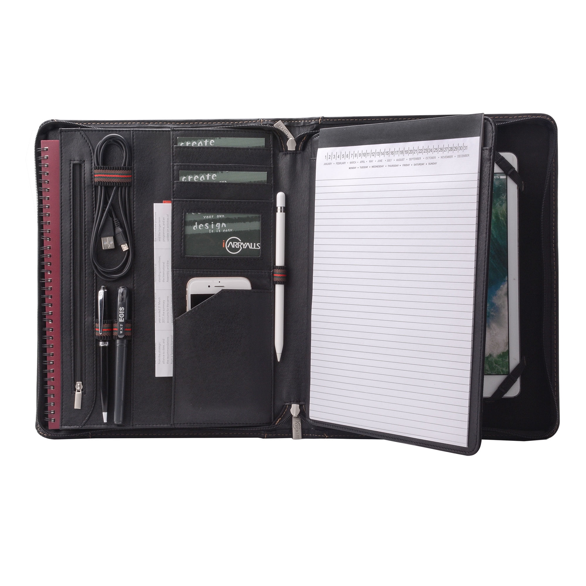 iCarryAlls Leather Padfolio with Zipper, Organizer Padfolio Case for 12