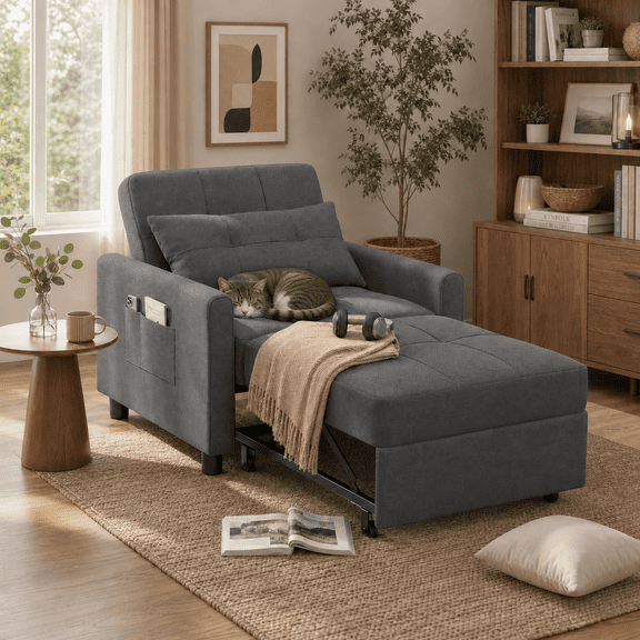 Aiho 3-in-1 Convertible Sleeper Chair Bed, Multi-Functional Lounge Futon Chair with Side Pocket, Space Saving Indoor Sofa Bed for Living Room, Bedroom, Apartment & Guest Room, Dark Gray