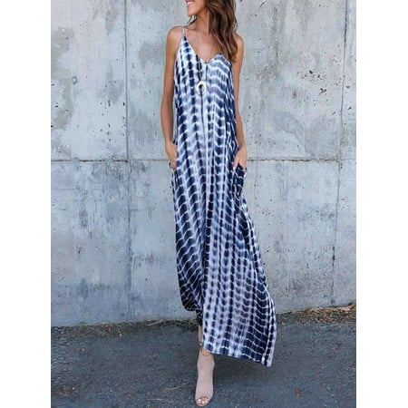 iLH Mallroom Women Stripe Wave Long Maxi Dress Deep V Low Cut Summer Beach Dress Plus BU/L
