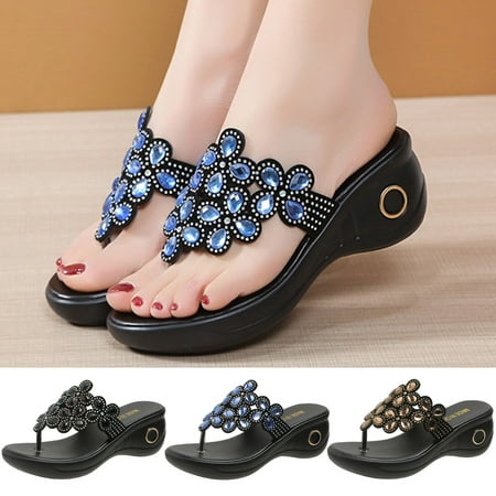 

Cethrio Wedge Sandals for Women- on Clearance Wide Width Slides Sandal with Rhinestone Flip Flops Wedge Boho Black Dressy Sandals/ Slides Size 7.5