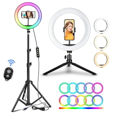 Image of 12 Ring Light with Stand 10 Colors RGB LED Ring Light with Two Tripod Stand and Phone Holder & 10 Brightness Level & Camera Remote Shutter for Makeup YouTube Video Photography