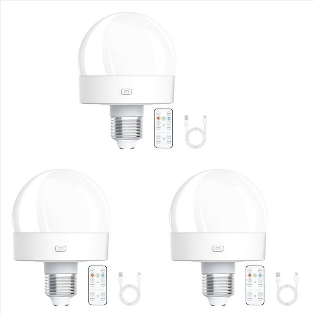 3X Bombillas Recargables Que Funcionan con Pilas, Bombilla de Rosca E26 de 300 para Lámparas con Control Remoto Regulable y Temporizador