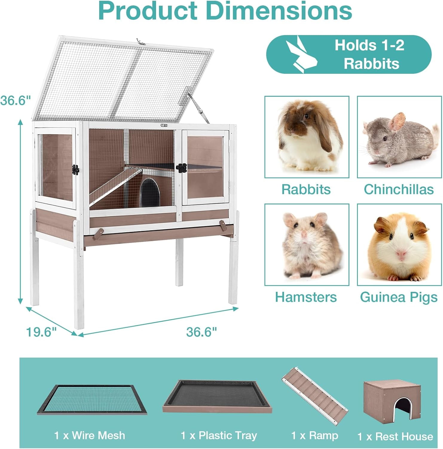 BUTINGLALE Guinea Pig Cage with Wooden Stand, Indoor Rabbit Hutch with 2 Stories, Hamster Cage with Anti Chew Ramp, Hideout, Platform, Pull Out Tray (Brown)
