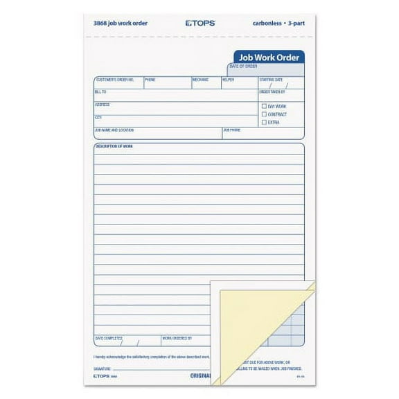Snap-Off Job Work Order Form, Three-Part Carbonless, 5.66 X 8.63, 1/page, 50 Forms | Bundle of 2 Packs