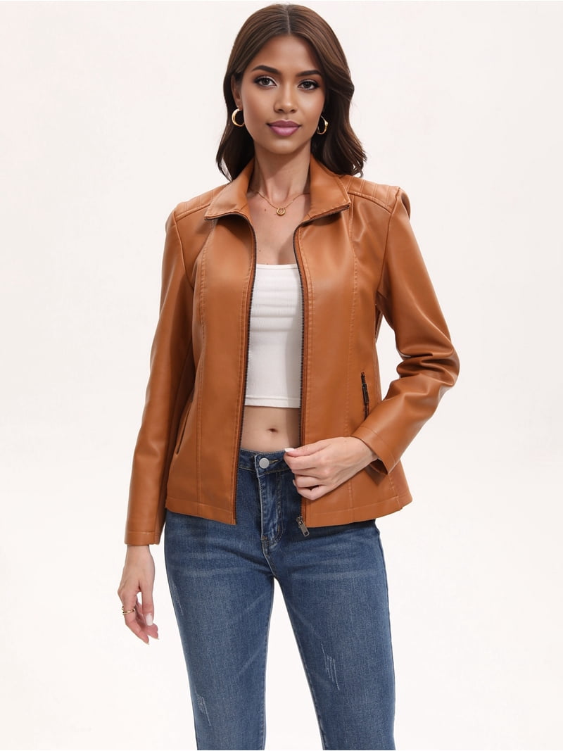 Faux Leather Jacket for Women Motorcycle Fashion Zip Up Coat
