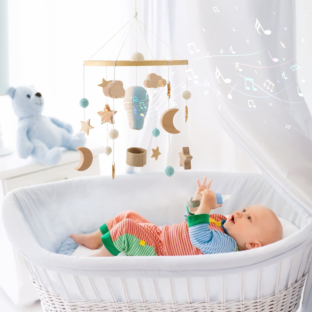 Baby Crib Bell – Rotating Wooden Wind Chime with Stars, Moon & Hot Air Balloon Hanging Toys for Newborn Sleep & Development, Blue