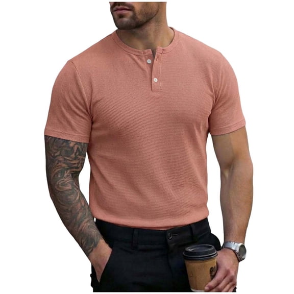 Generic Mens Waffle Henley Shirts Fashion Solid Color V Neck Short Sleeve Athletic T-Shirts Summer Tunic Tops