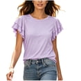 thumbnail image 3 of ClodeEU Women's Crew Neck Ruffle Flutter Sleeve T-Shirt,Solid Short Sleeve Casual Tee Purple,Women's Plus S, 3 of 8
