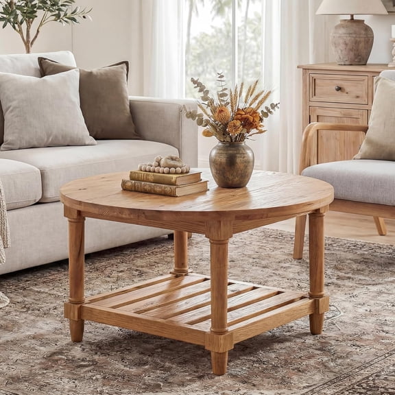 Tribesigns 31.5" Round Coffee Table, 2-Tier Solid Wood Center Table for Living Room, Farmhouse Circle Accent Table, Rustic Brown