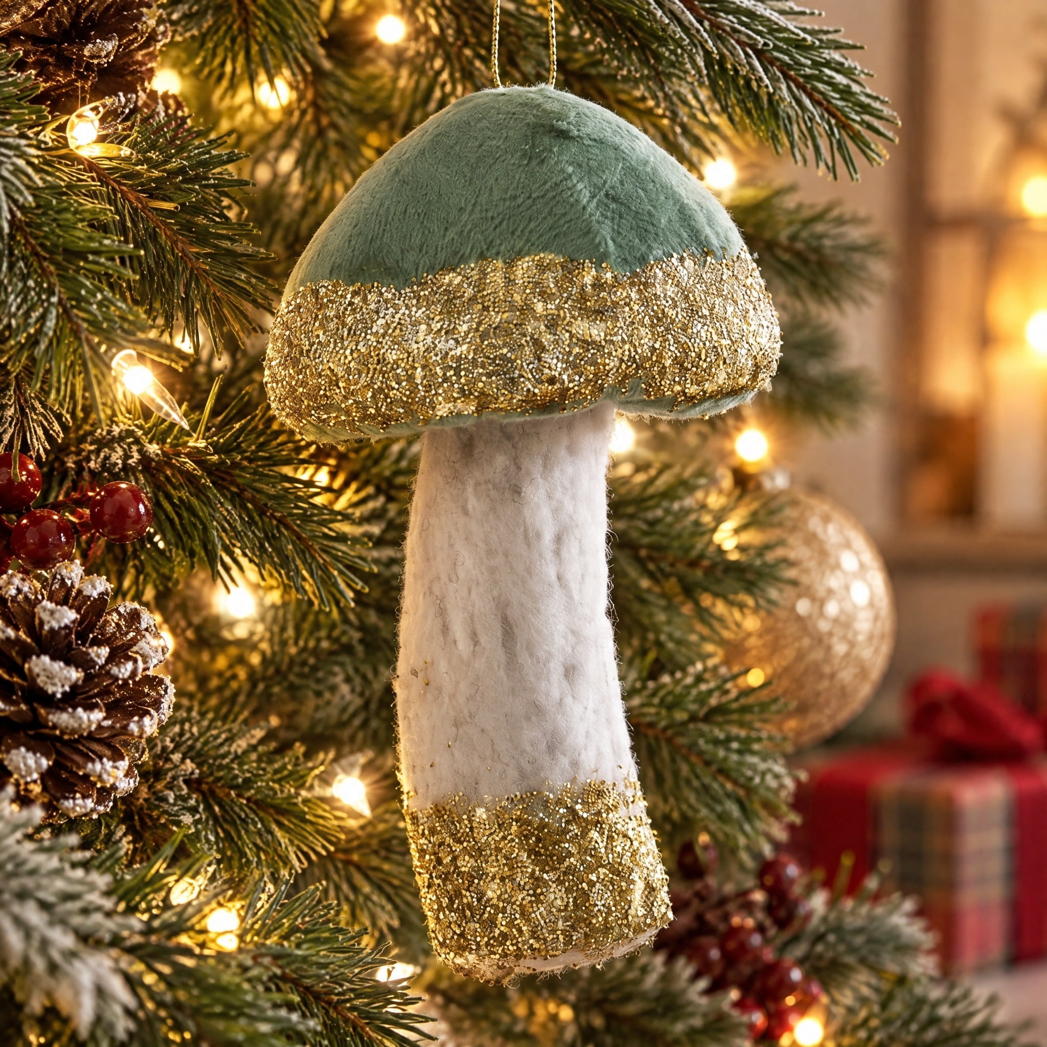 Green/Gold/Ivory Fabric Mushroom Christmas Ornament, 5", by Holiday Time