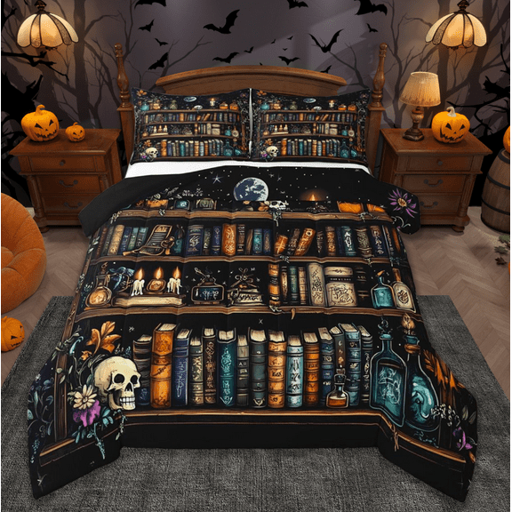 jejeloiu Gothic Skull Full Size Comforter Sets,Watercolor Books Reading Bedding Comforter Set,Purple Flower Floral Bedding Sets For Boys Girls,Super Cozy Room Decor Reversible,3pcs