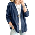 thumbnail image 2 of JULMCOMO Jean Jacket Women 3/4 Sleeve Button Down Loose Casual Denim Cardigan Relaxed Fit Collarless Denim Jacket Dark Blue M, 2 of 9