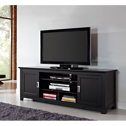 Walker Edison Black Wood TV Stand with Sliding Doors for TVs up to 70"