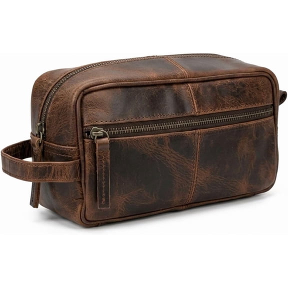 Rajeriya Men's Leather Toiletry Bag - Travel Shaving Kit & Dopp Kit for Bathroom Essentials, Brown