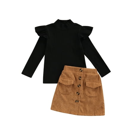 

BrilliantMe Kids Baby Girls Short Skirt Suit Ruffled Long-sleeved Half-high Collar Tops Pockets Skirt Suit 18-24 Months