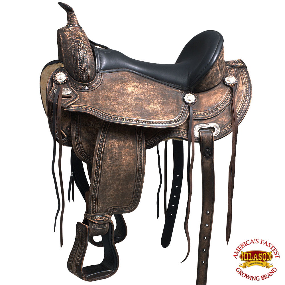 USED 17” BROWN WESTERN LEATHER PLEASURE TRAIL ENDURANCE RIDING HORSE SADDLE 