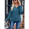thumbnail image 2 of Solid Color V Neck Tie Cuff Long Sleeve Textured Blouse for Women Teal Small, 2 of 5