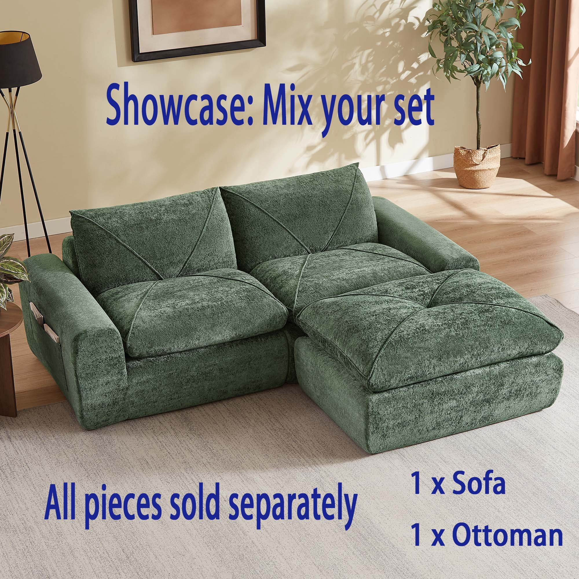 Miniyam 84" x 34" Green Left or Right Facing Chaise Lounge, Modular Add-On to Build L-Shape or U-Shape Sectional Sofa