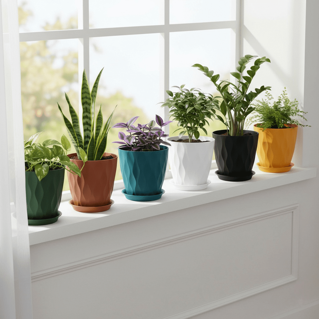 6 Pack 8 Inch Plant Pots , Plastic Flower Pots for Indoor & Outdoor Plants, Planters with Drainage Holes and Saucer(Multicolor)