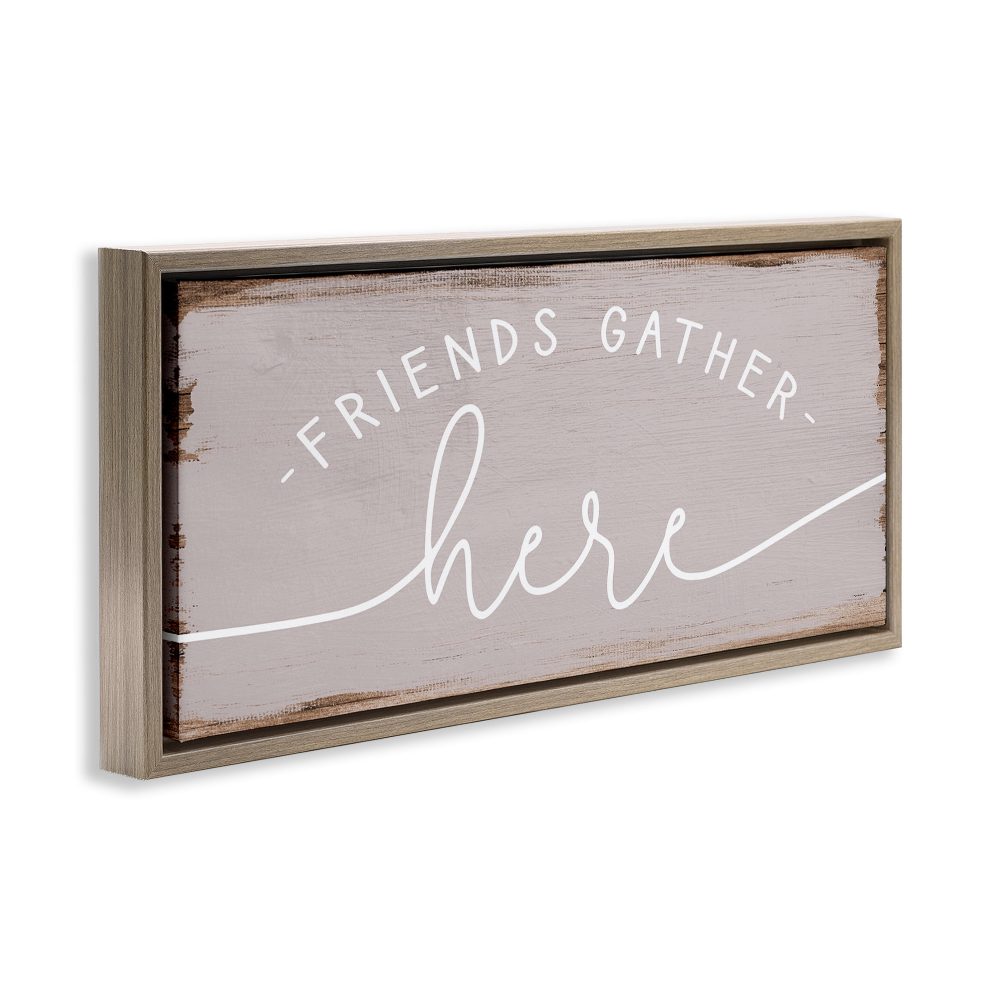 Stupell Industries Friends Gather Here Charming Typography Painting Brown Floater Framed Canvas Art Print Wall Art, 31 x 14