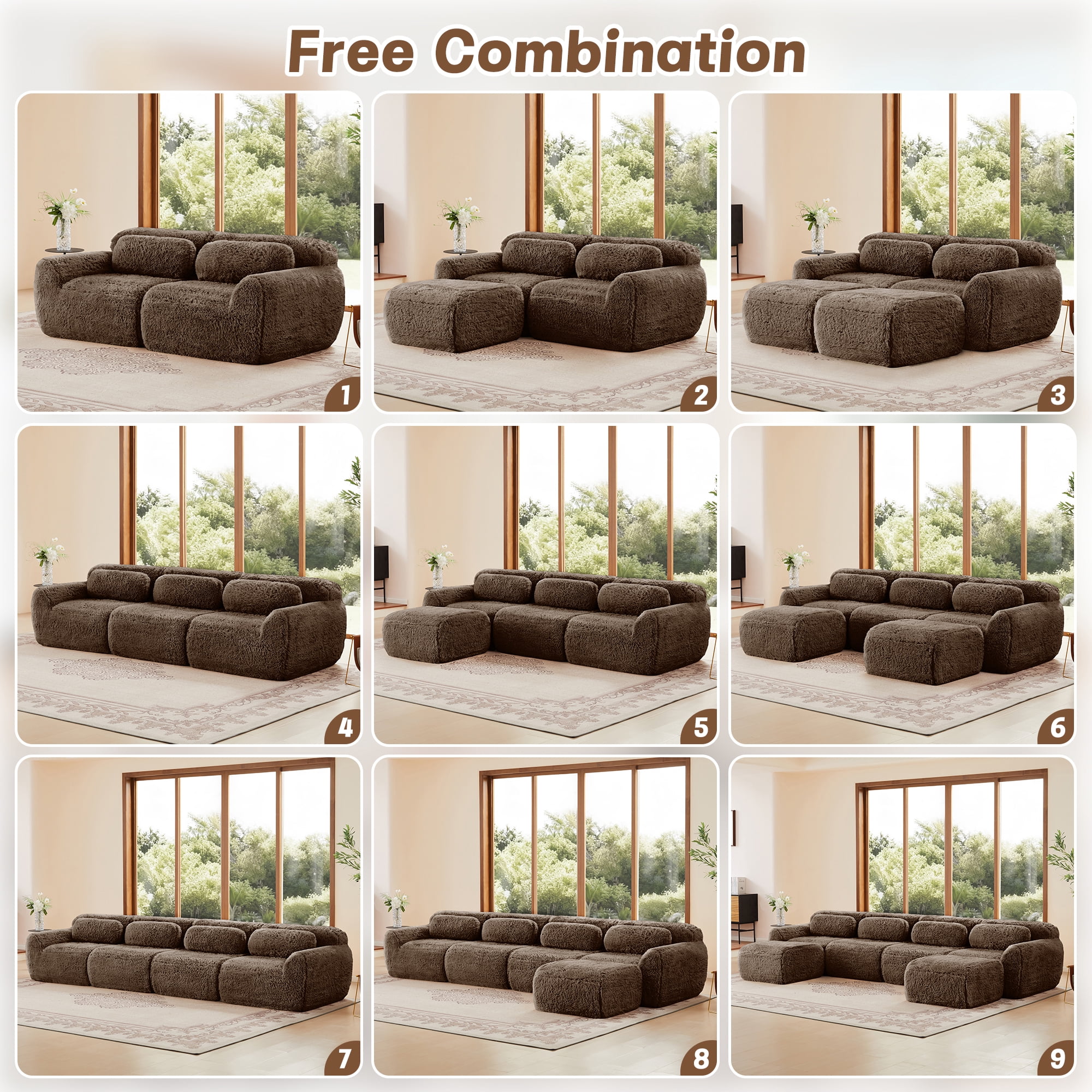 MAYEERTY 80" Chocolate Boneless Sofa, Plush Fabric 32D Foam Non-Slip Base No Assembly Deep Seat with Chaise Free Combination for Study