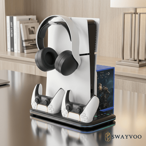 Swayvoo Multifunction Vertical Stand for PS5 Pro and PS5 Slim, Cooling Fan, Dual Controller Charging Dock, USB Hub, Console Organizer Black