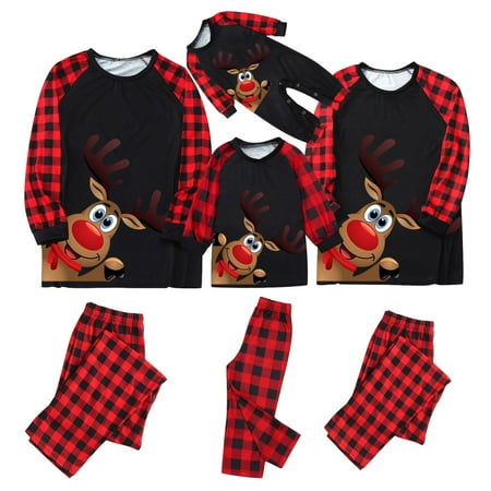 

Christmas Pajamas Matching Sets for Family Elk Print Tops and Red Plaid Pants Pjs Set Long Sleeve Xmas Sleepwear